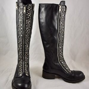 Barneys CoOp New York Studded Black Leather Triple Zippered Lug Sole Biker Boots